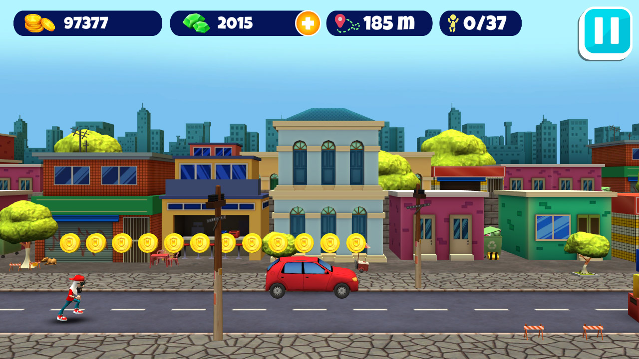 Mussoumano Game screenshot 05 - Gameplay do jogo. Mussoumano correndo do lado esquerdo da tela em um cenário inspirado em uma cidade brasileira com casas à frente e prédios ao fundo.